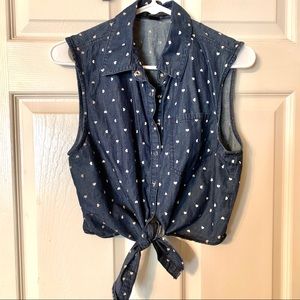 💞 5/$35 Denim crop top tie off heart polka dots